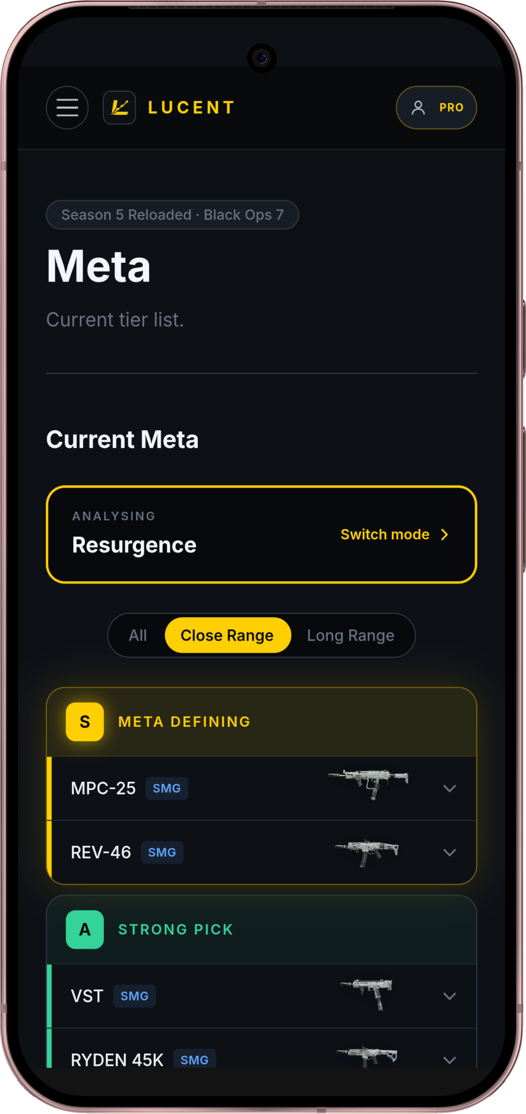 Meta tier list on the Lucent app