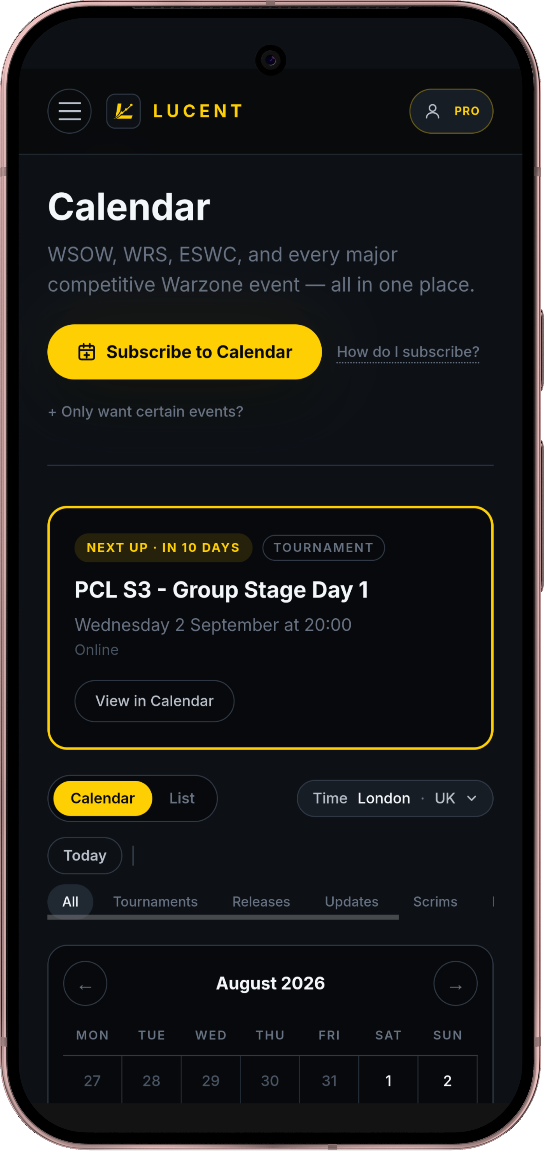 Competitive event calendar on the Lucent app